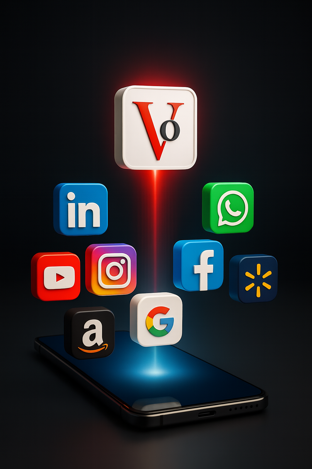 Phone with social icons and Voulay Vo mark